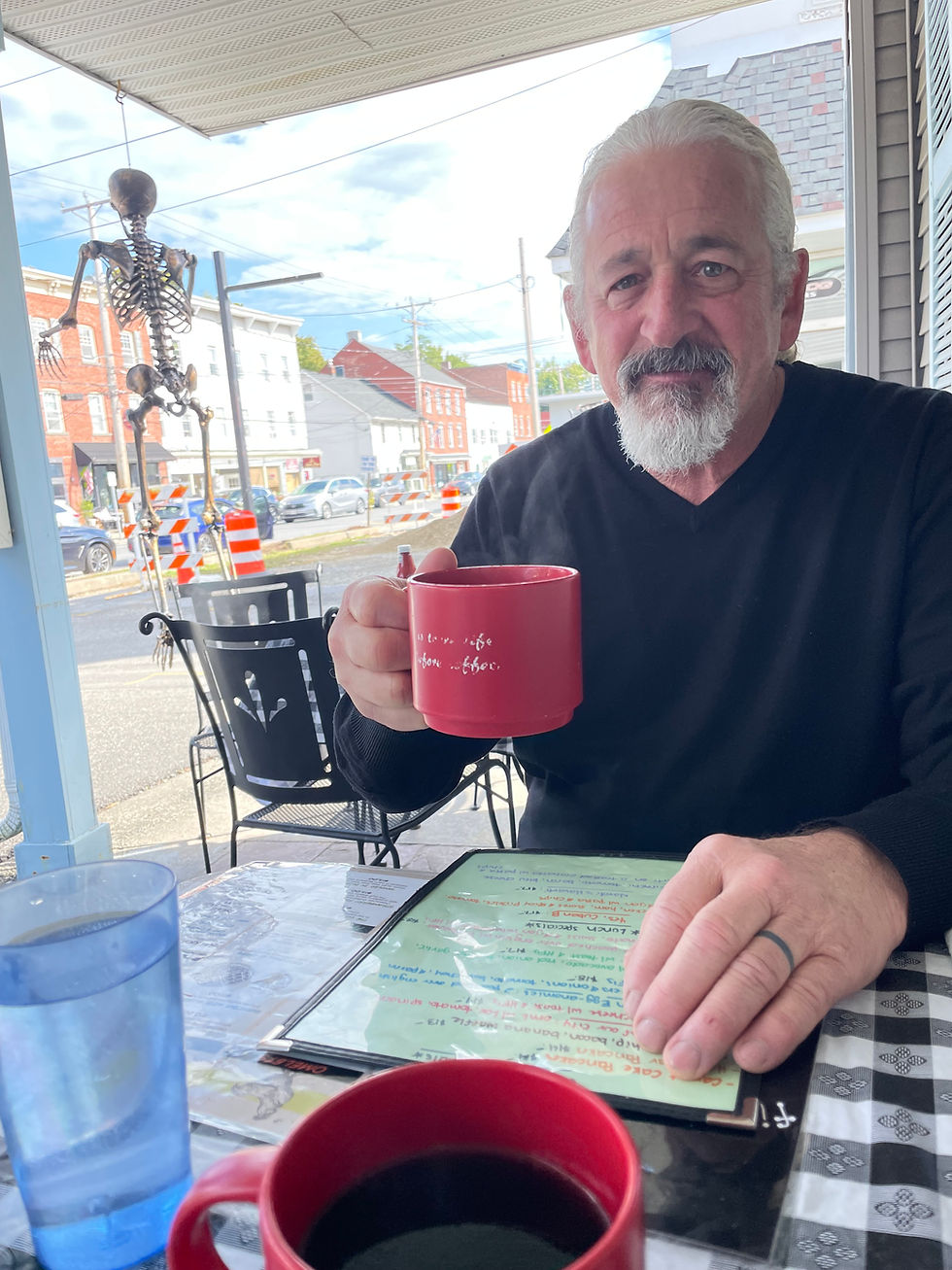 I was too busy diving into the food once in arrived to remember a photo, but I did catch this one during the wait. The café's name is Fiddlestix, hence the hanging skeleton (maybe?) At only mid-September, it seemed a bit early for Halloween decorations.