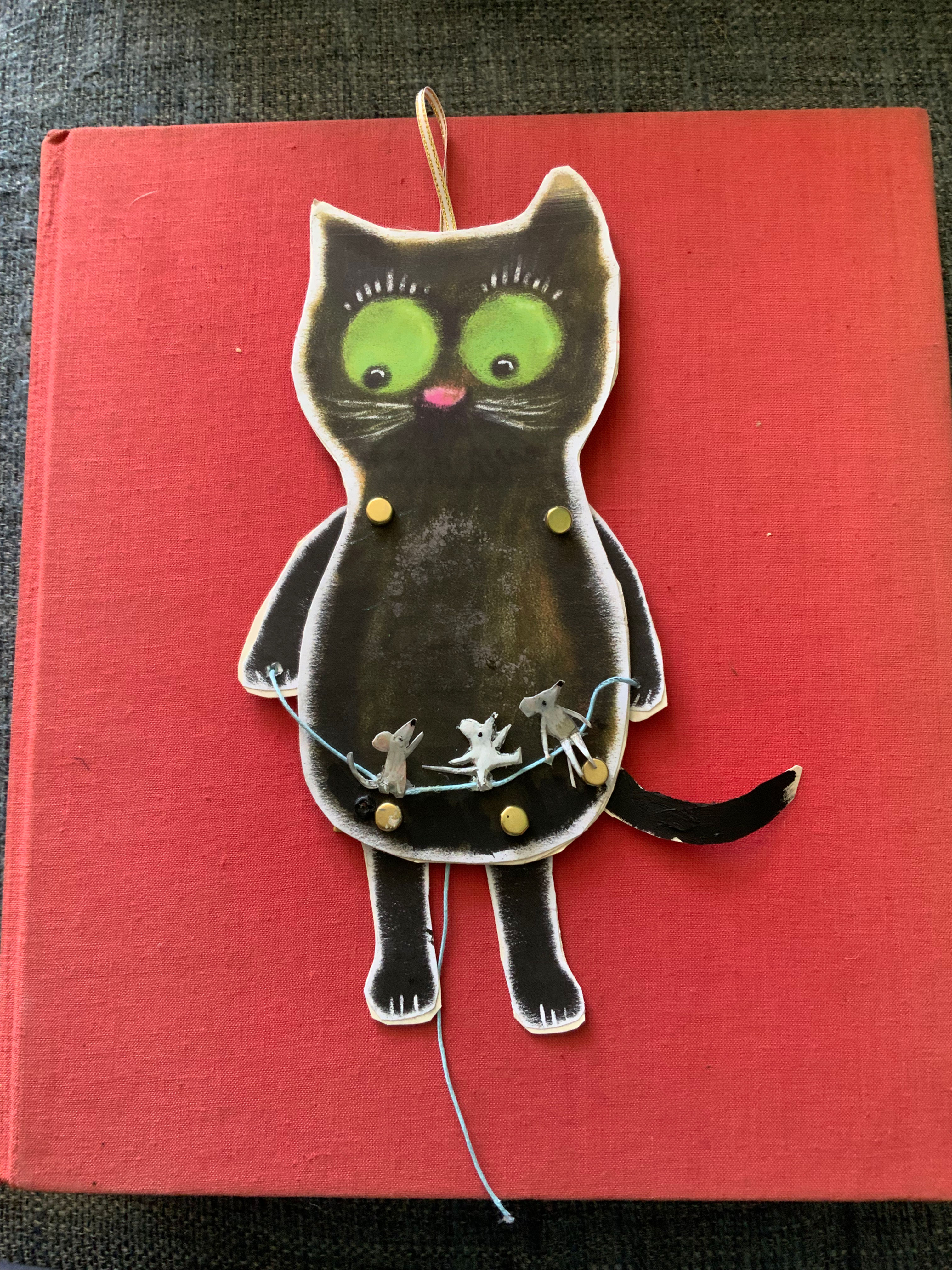 The Mice Charmer. Dancing Cat and Mice. Jumping Jack Paper decoration.