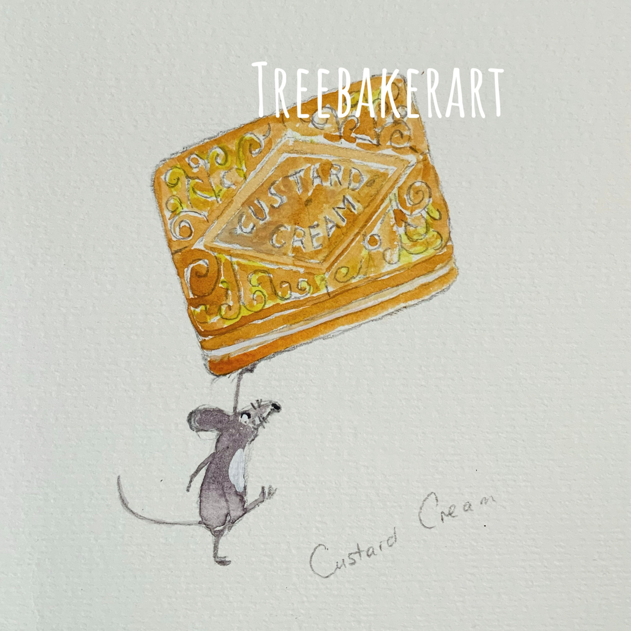 Custard Cream, A wee mouse and his biscuit. Water colour Original. Tiny Artwork.