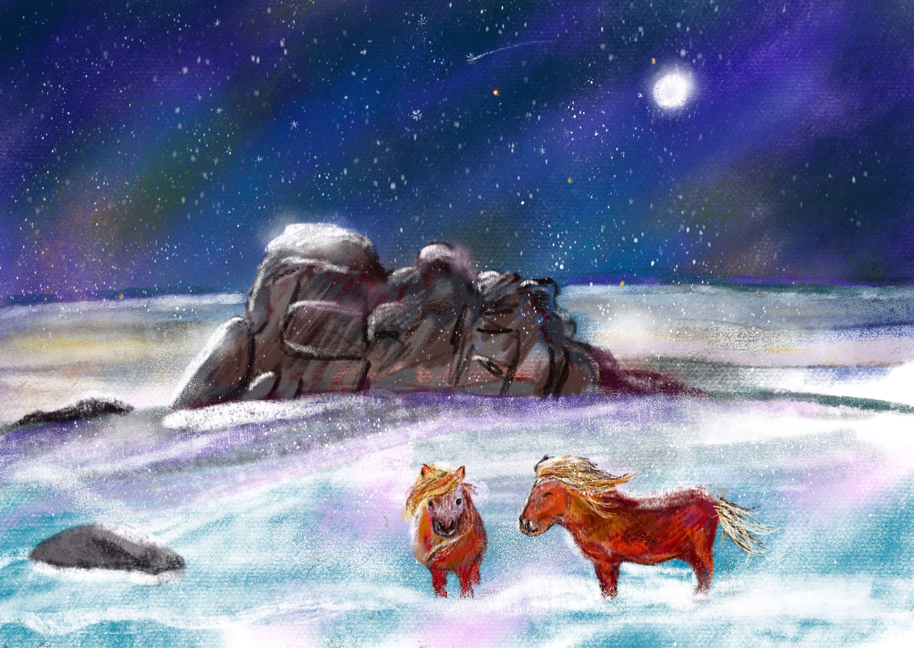 Dartmoor Ponies and Haytor. A4 Print