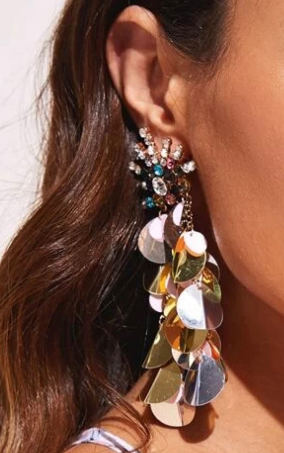 Thumbnail: Multi colored sequin& rhinestone earrings 