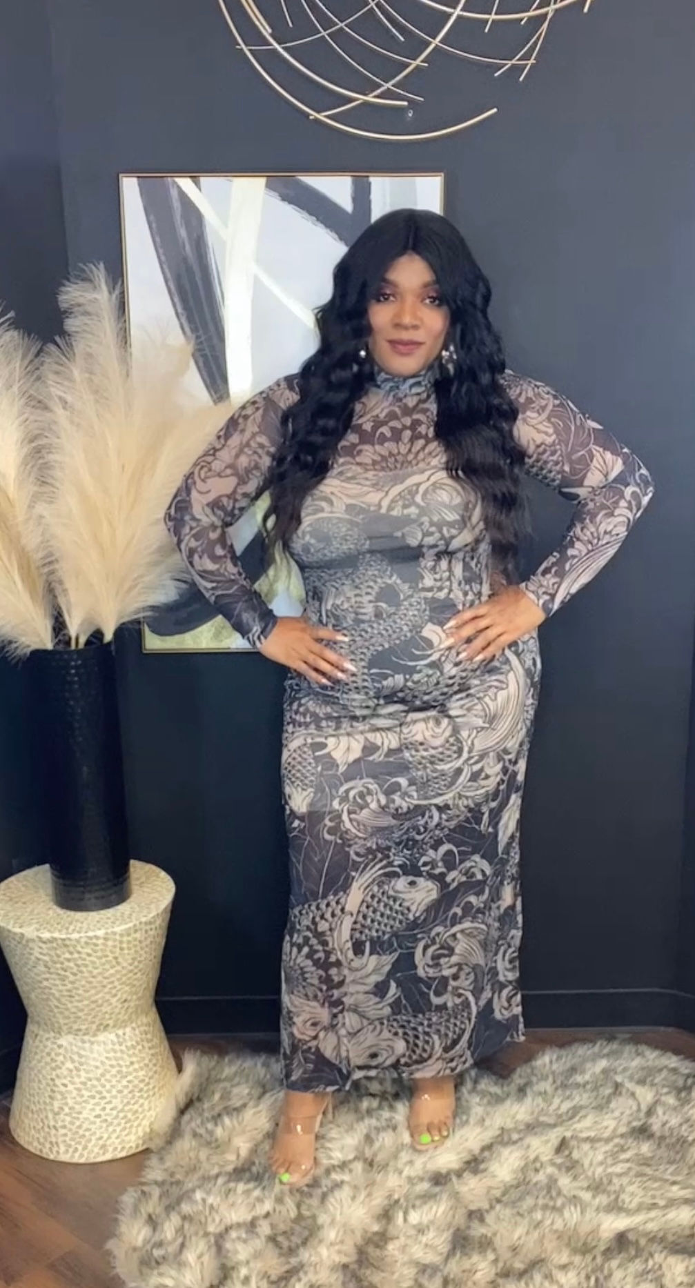 Black and Taupe Print Mesh Maxi