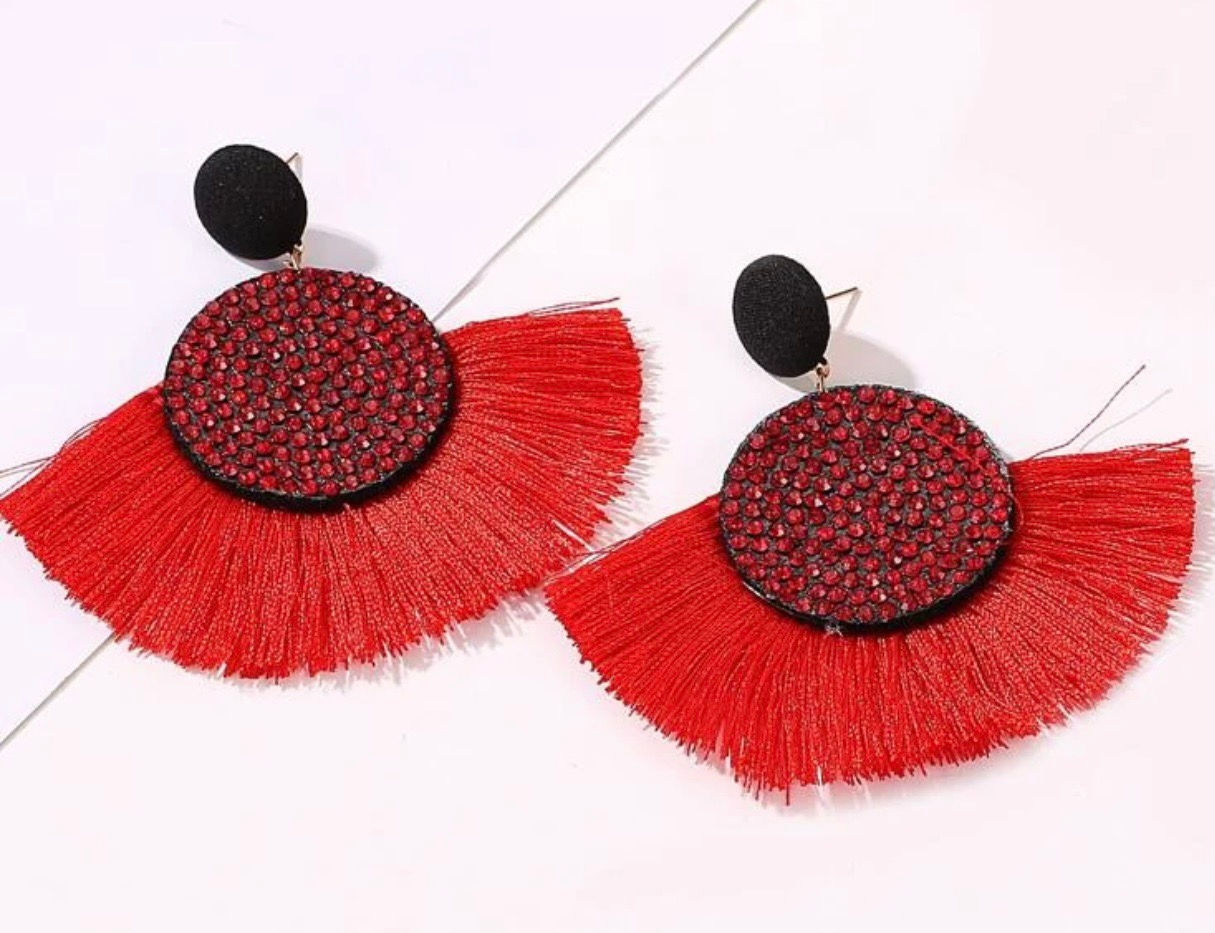 Red Rhinestone Tassel Earrings 