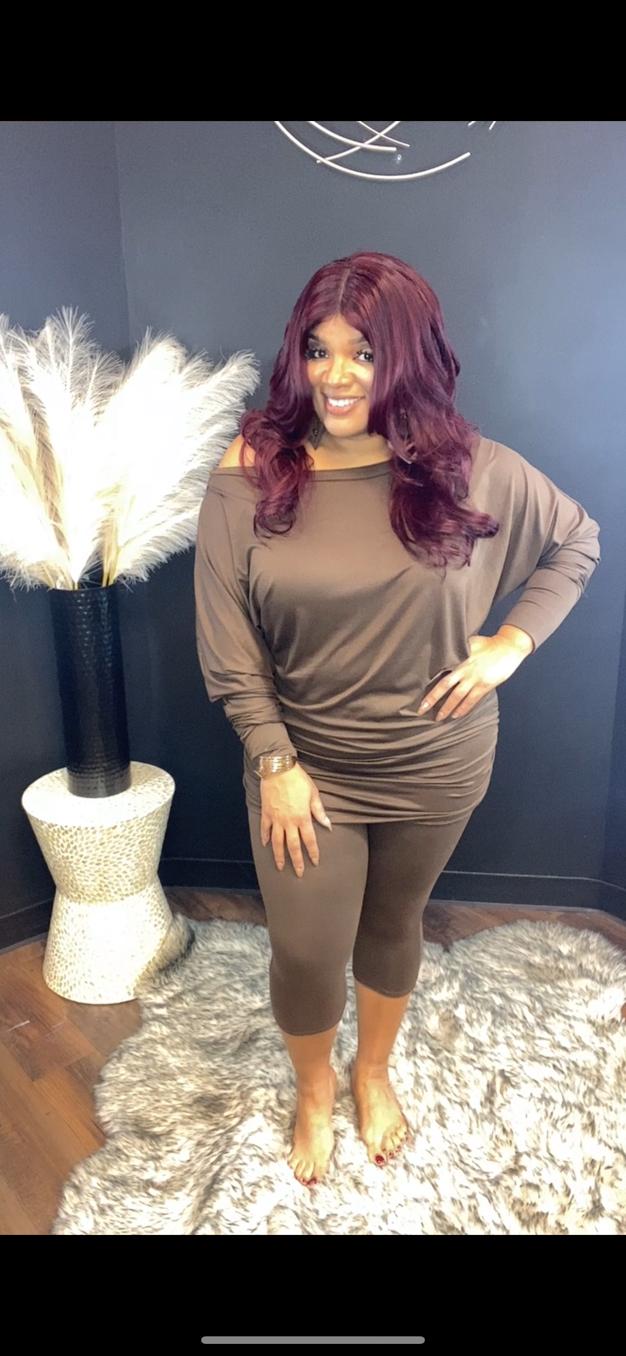 Chocolate 2 Piece Off the Shoulder wide sleeve capri Set