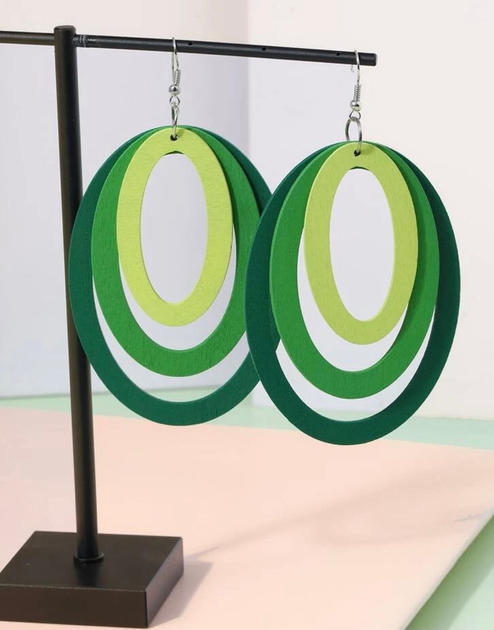 Thumbnail: Multi- Green Oval Wooden Earrings 