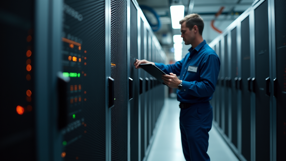 Eye-level view of a technician working on a server rack in an office