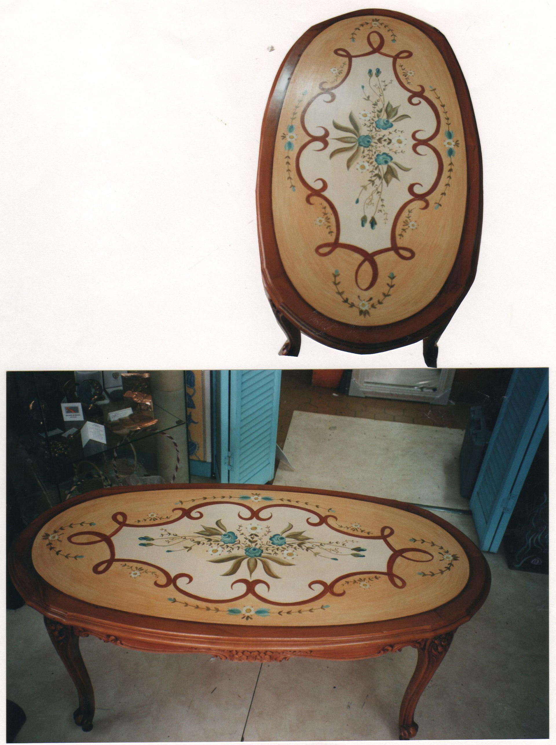 dessus de table basse peint sur bois en remplacement d'une plaque de verre