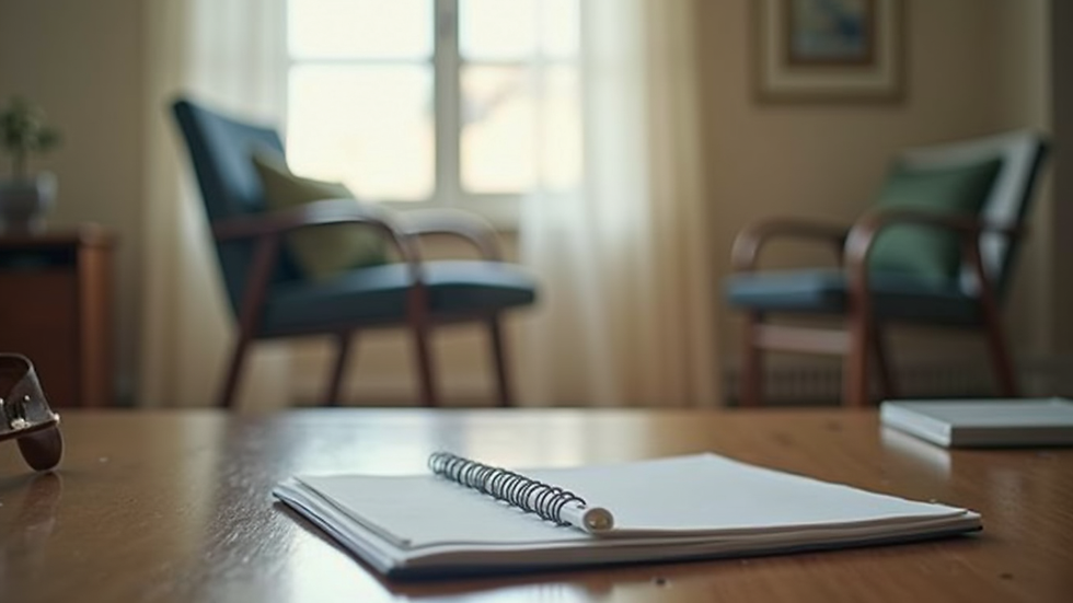 Eye-level view of a serene coaching environment with a single chair and a notepad