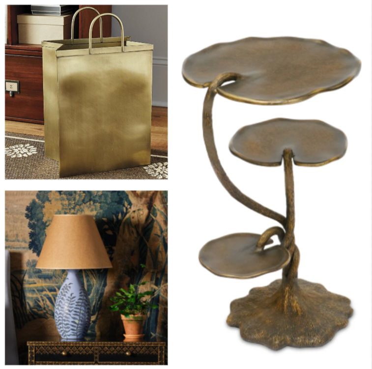 Gold metal bag on a patterned rug, blue vase lamp on a decorated table with a plant, and a tiered bronze lily pad stand.