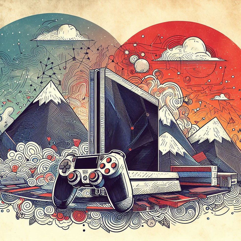 illustration of two overlapping circles of night and day of a landscape of mountains, when in the foreground is a computer and game controller