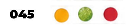 045 with three colored circles—yellow, green, and red—on a white background.