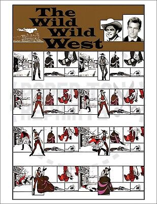 Poster for "The Wild Wild West" features characters in cowboy outfits with various action scenes, brown title, and a vintage comic style.