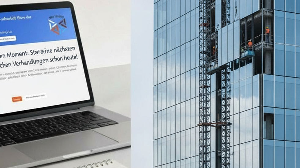 Saubere und organisierte Baustelle, rechts Auftragnehmer achtet auf Sicherheit und Regelwerk