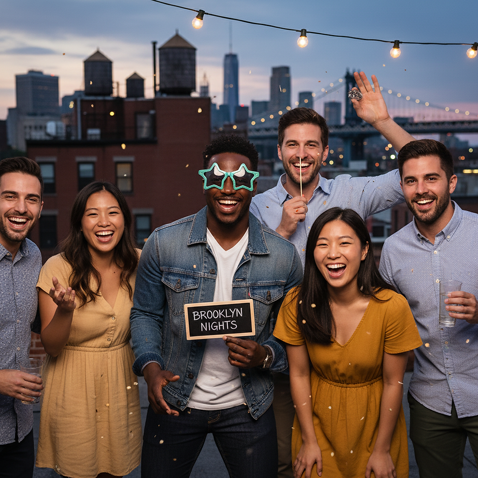 Friends enjoying an online photo booth rental in Brooklyn.
