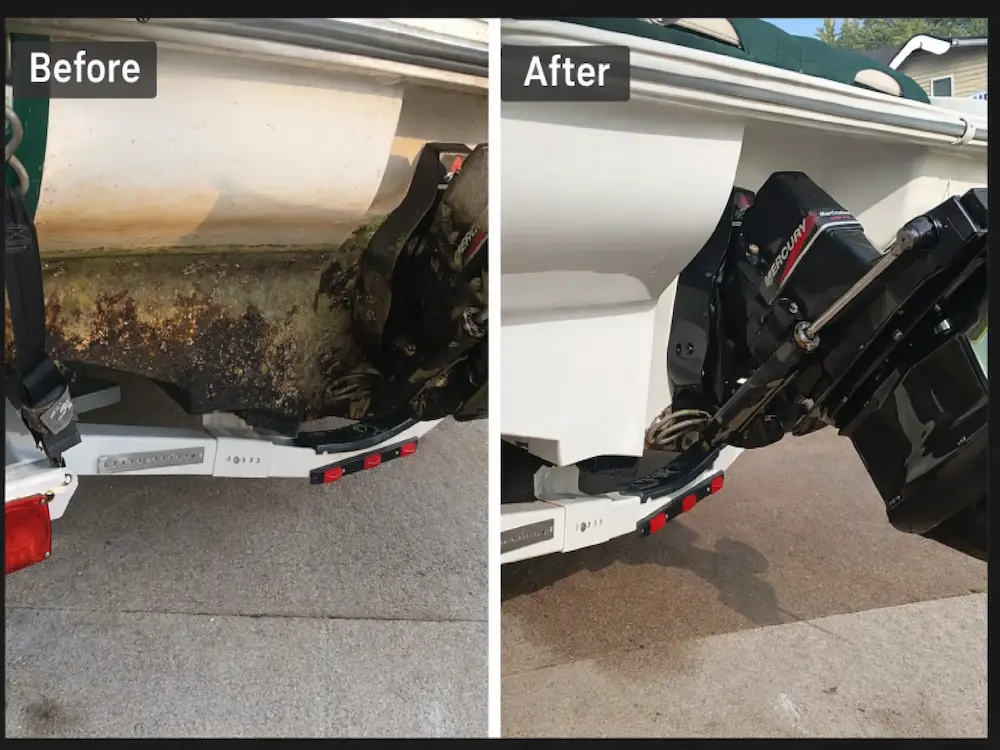 Dirty boat hull before and after mobile boat exterior detailing in La Crosse WI by Mack2Steam showing removal of grime and restored shine