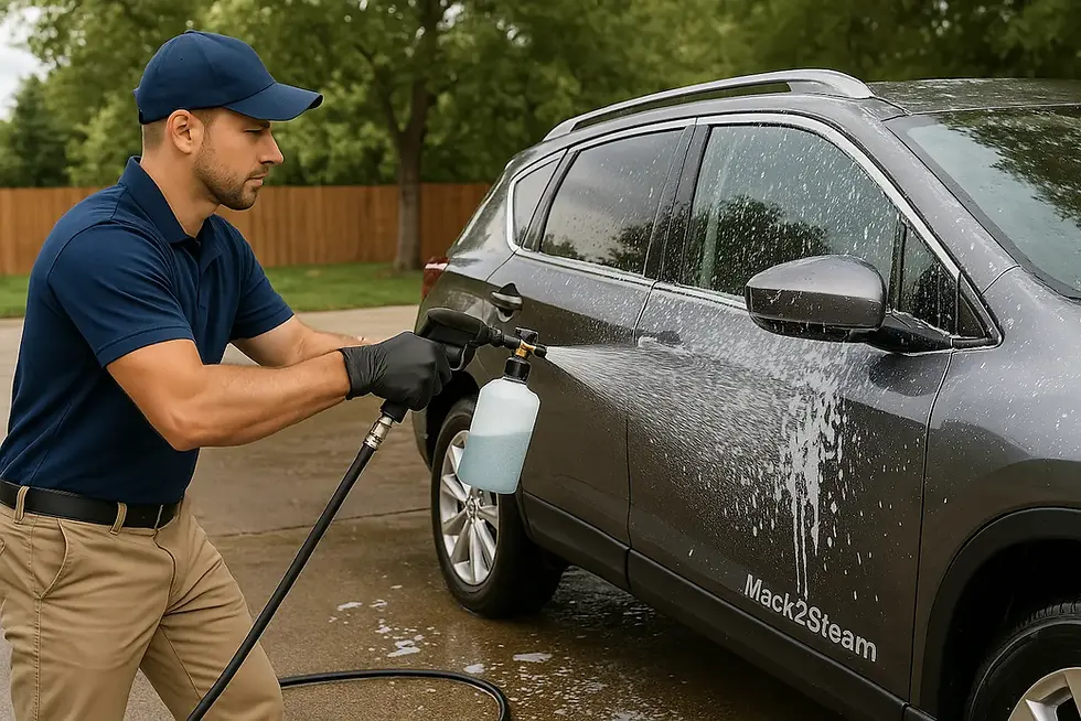 : Professional auto detailer washing a silver car during full car detailing exterior service in La Crosse WI