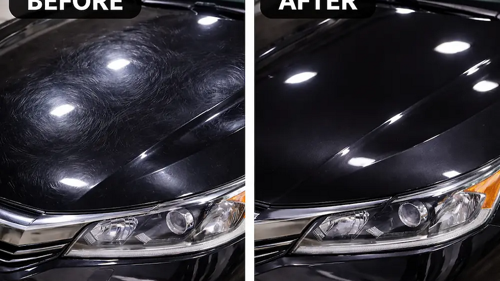 Before and after paint correction showing swirl mark removal and restored gloss on black car paint by Mack2Steam in La Crosse, WI.