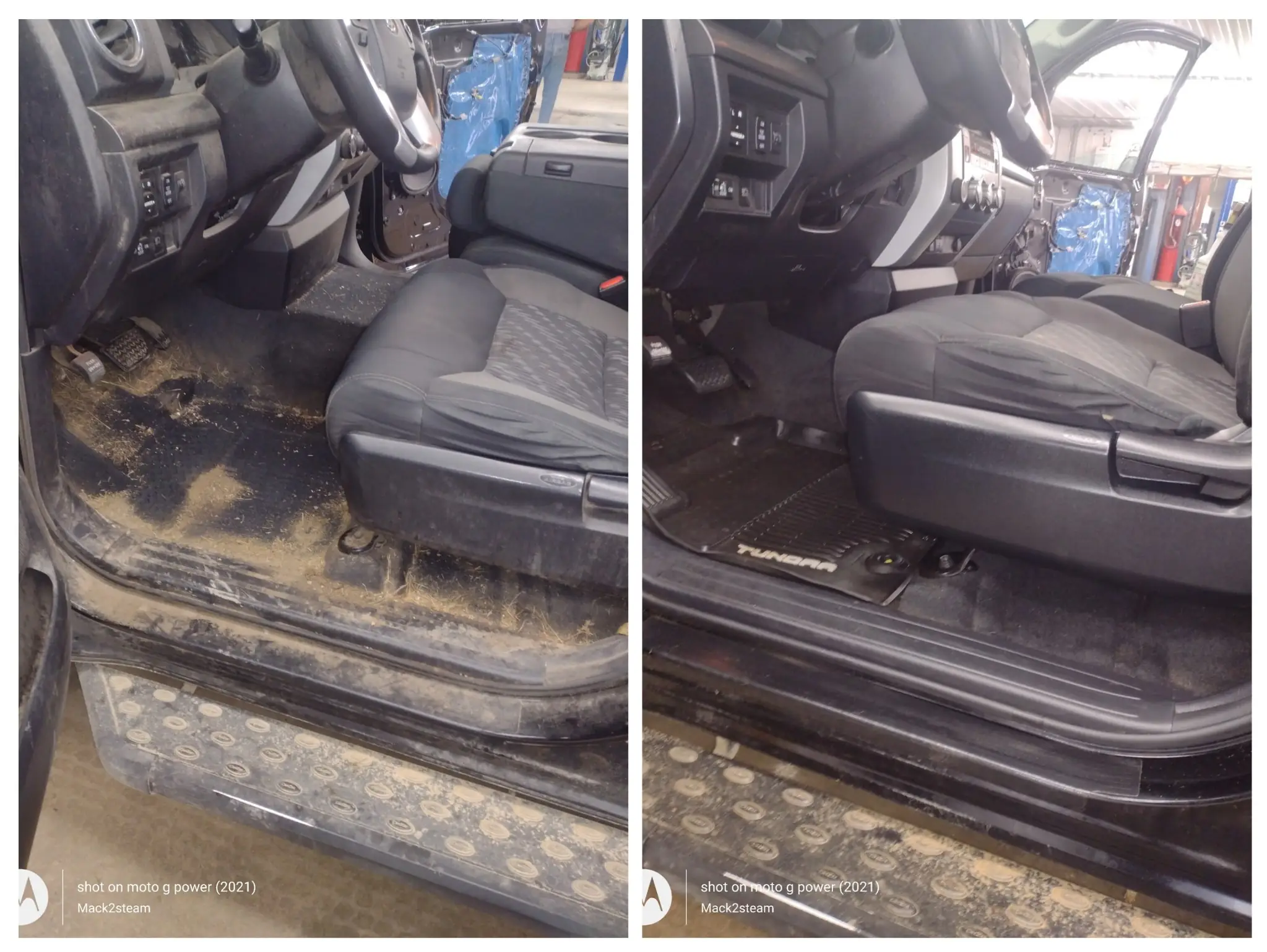 Before and after pickup interior detailing—sand and mud removed from front footwell; carpets deep-cleaned and revived.
