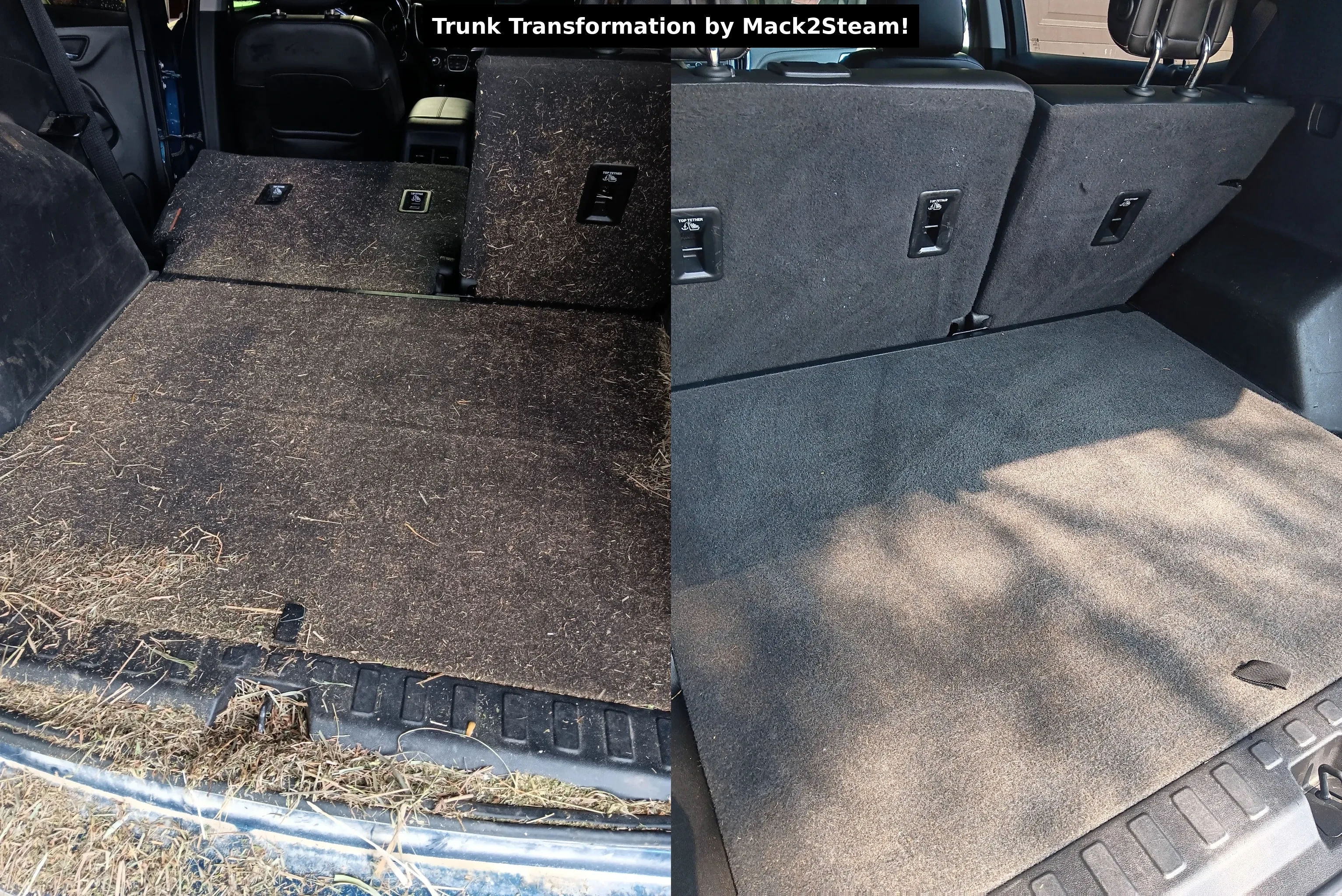 Trunk detailing before and after—hay/pet hair removed and cargo carpet deep-cleaned; interior restored by Mack2Steam.