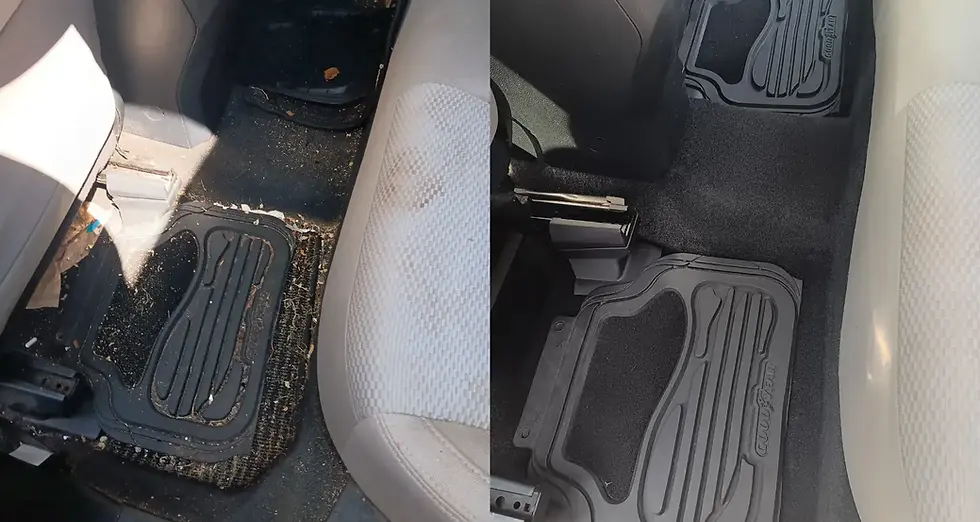 Before and after photo of interior car floor mat detailing by Mack2Steam in La Crosse, WI. Left side shows dirt and debris; right side shows deep-cleaned carpet and floor mats.