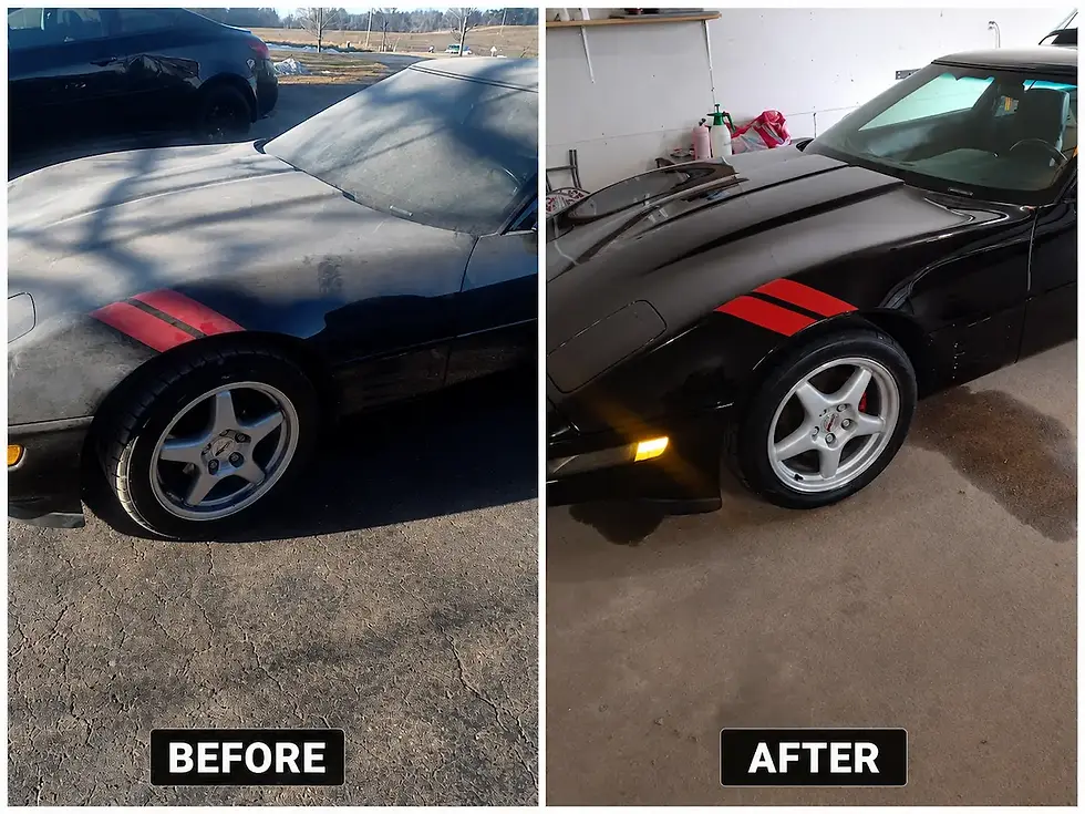 Before and after wash and wax service on a black Chevrolet Corvette in La Crosse, WI showing the removal of dust, oxidation, and road grime to restore a deep, glossy shine.