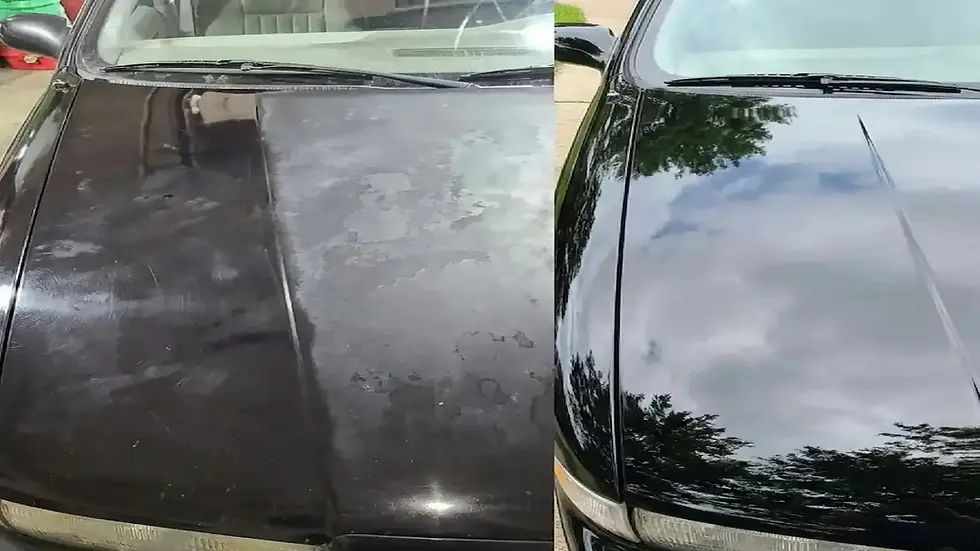 Before and after paint correction showing oxidation and dull paint restored to a deep, glossy finish by Mack2Steam in La Crosse, Wisconsin.