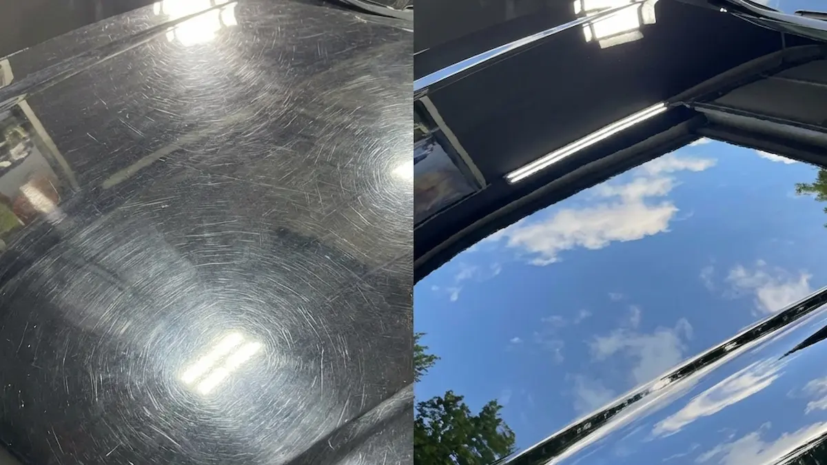 Before and after paint correction showing swirl mark removal and restored gloss on dark vehicle hood in La Crosse WI by Mack2Steam