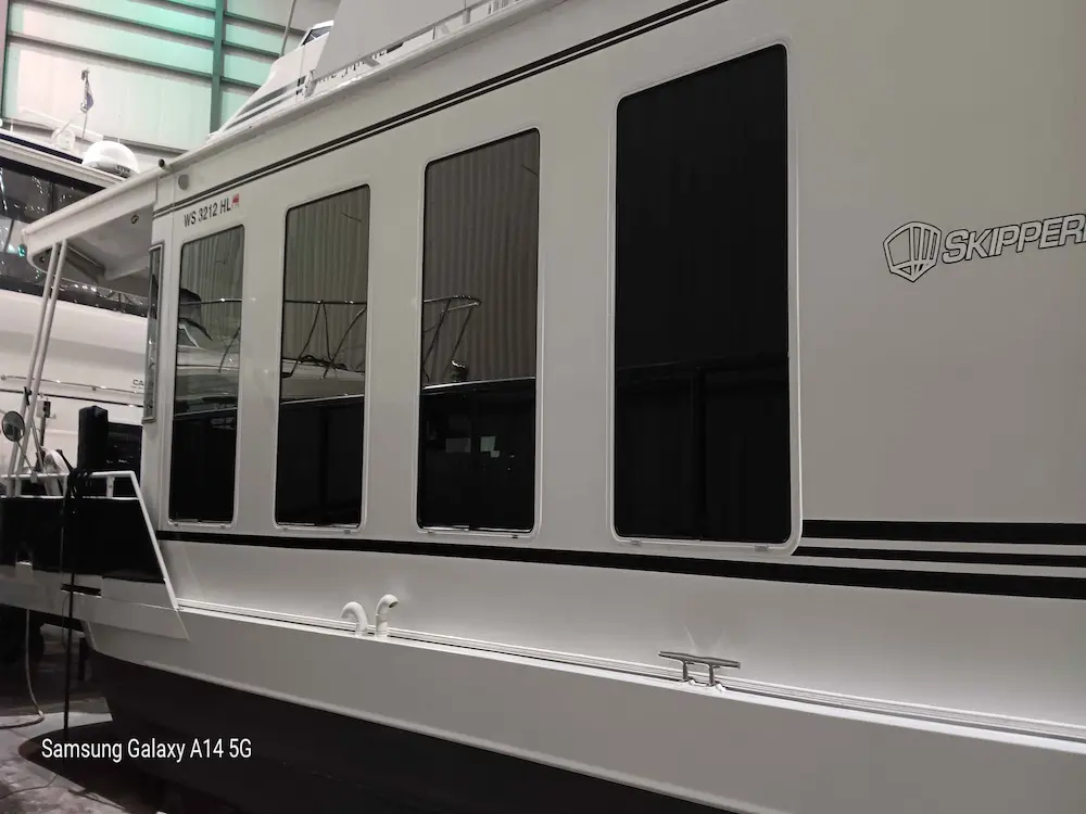 Clean white boat exterior after mobile boat detailing in La Crosse WI by Mack2Steam showing restored shine and protection