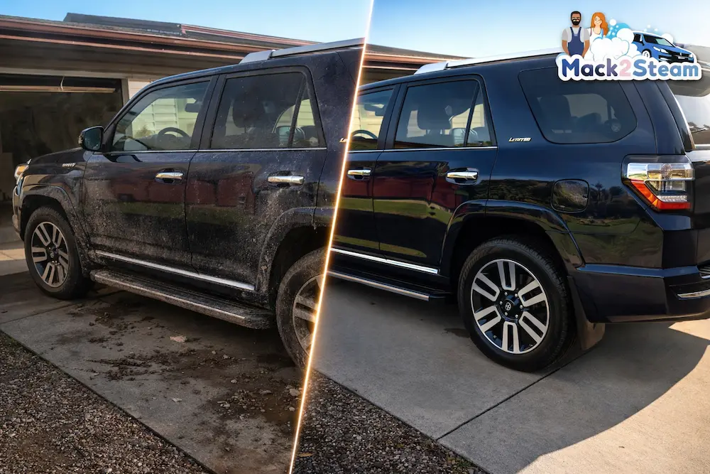SUV before and after full car detailing in La Crosse WI by Mack2Steam showing deep cleaning and restored shine