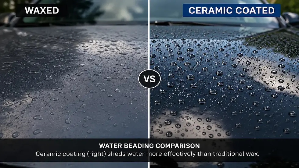 Side-by-side comparison showing water beading on a waxed vehicle versus a ceramic-coated vehicle, demonstrating the superior hydrophobic performance of ceramic coating.