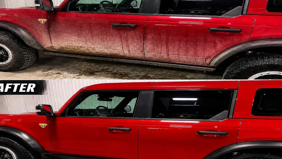 Before and after exterior car detailing on a vehicle in La Crosse, WI, showing restored gloss, clean paint, and professional detailing results by Mack2Steam.