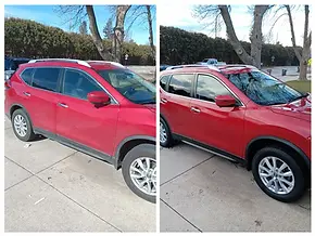 Before and after exterior car detailing on a red SUV by Mack2Steam in La Crosse, WI, showing road salt and dirt removed and glossy paint restored