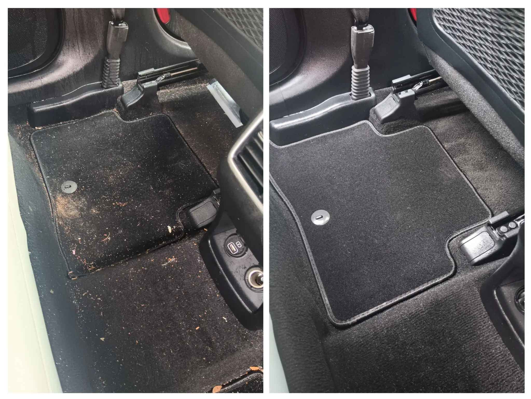 Before and after interior car detailing—rear passenger footwell vacuumed, shampooed, and restored by Mack2Steam in La Crosse, WI.