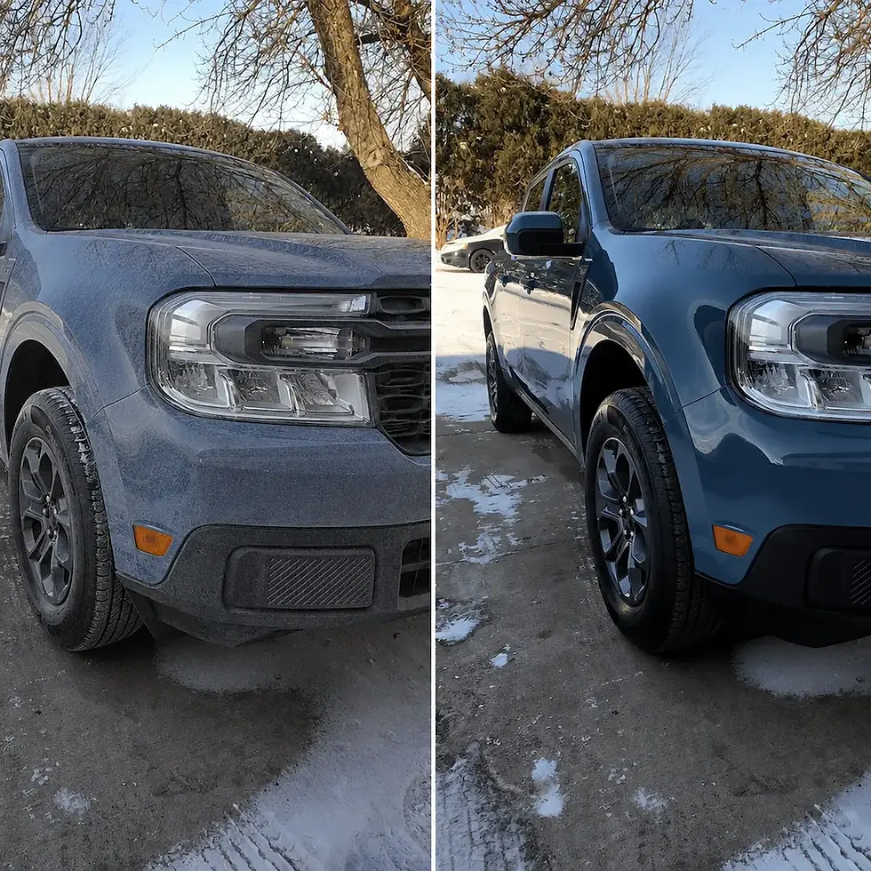 Before and after comparison of a Ford Maverick after professional ceramic coating and detailing by Mack2Steam in Holmen, Wisconsin.