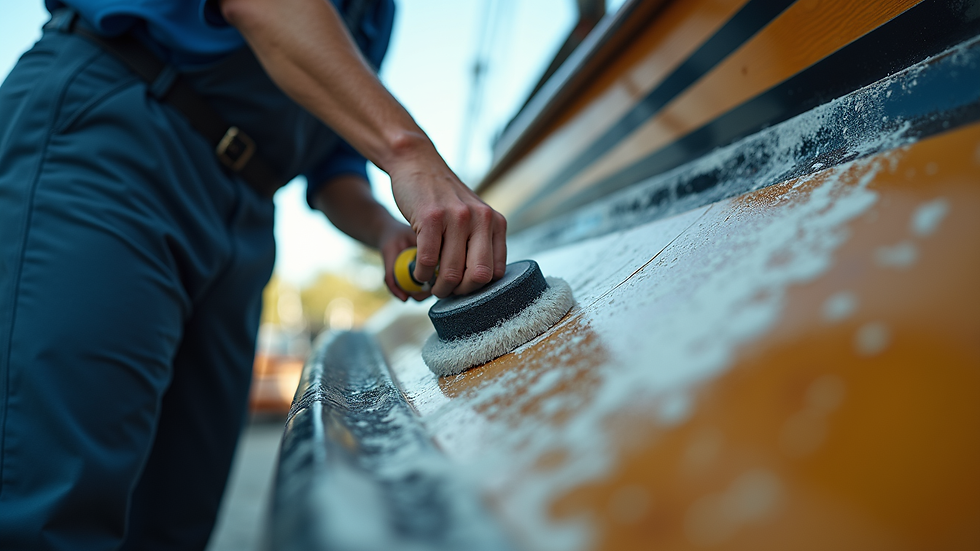 Eye-level view of boat hull being polished with a buffer