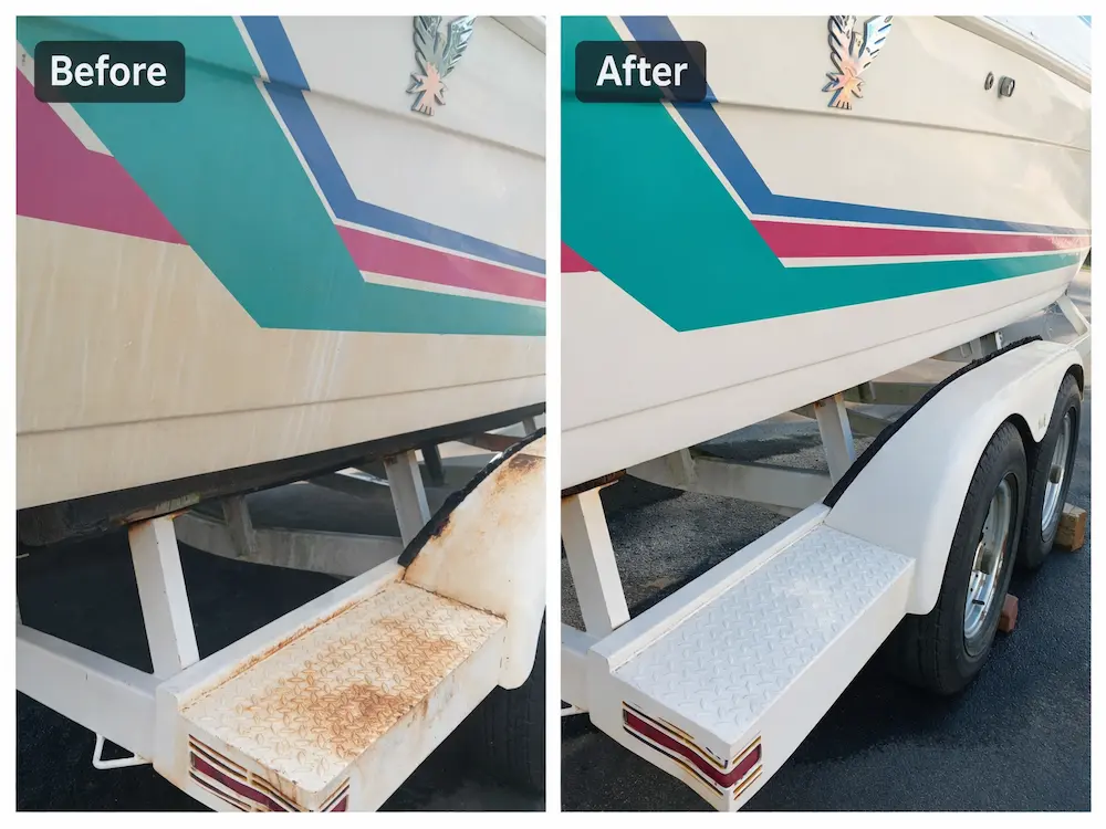 Before and after rust removal on boat trailer step and frame, showing restored clean metal and bright finish in La Crosse WI.