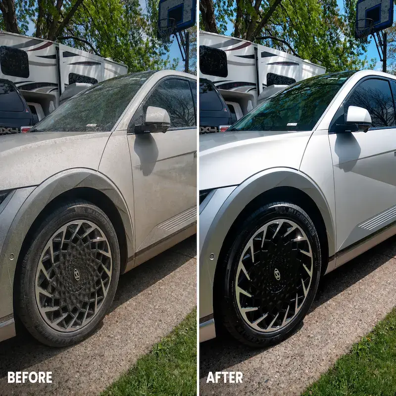 Before and after comparison of a mobile wash and wax service on a white Hyundai Ioniq 5 in Onalaska, WI, showing the transformation from a dirty exterior to a clean, glossy finish completed by Mack2Steam.