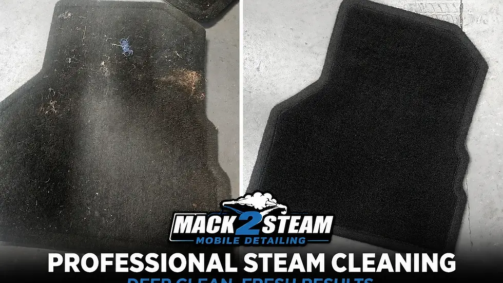 Before-and-after comparison of a vehicle floor mat after professional steam cleaning by Mack2Steam in La Crosse, WI.
