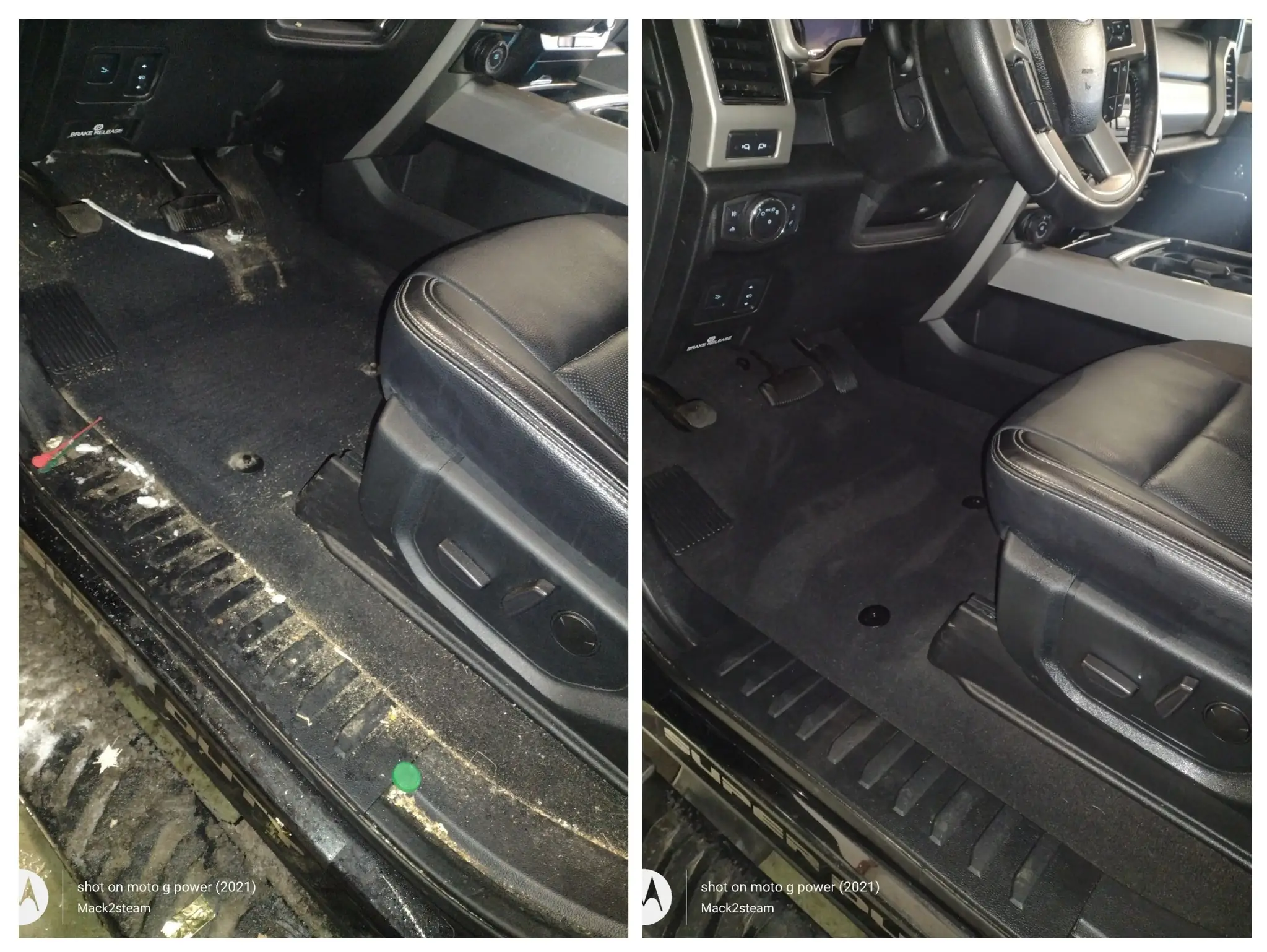 Before and after truck interior detail—driver floor and door sill cleaned of winter salt and debris by Mack2Steam, La Crosse.
