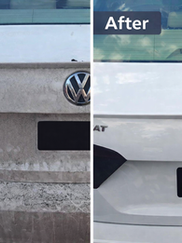 Before and after exterior car detailing showing salt and grime removal from a vehicle trunk in La Crosse, WI by Mack2Steam.