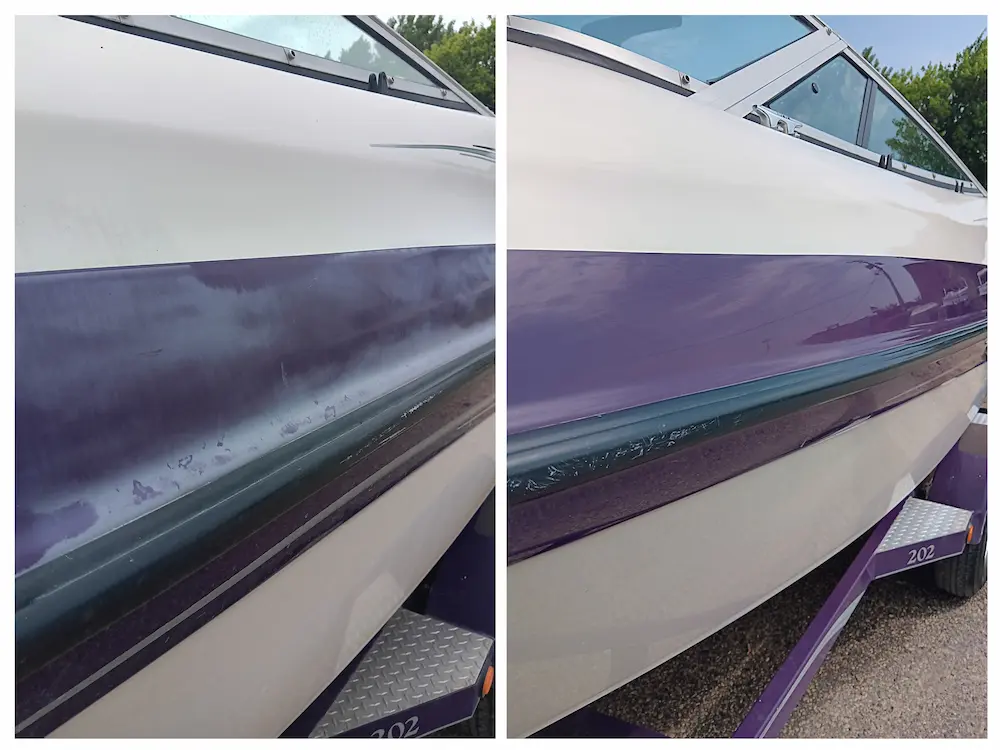 Faded boat hull before and after exterior detailing in La Crosse WI by Mack2Steam showing oxidation removal and restored shine