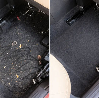 Before and after interior car detailing showing deep carpet cleaning and debris removal in La Crosse WI by Mack2Steam