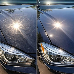 Before and after paint correction removing swirl marks on dark vehicle in La Crosse WI by Mack2Steam