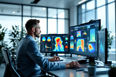 analyst sitting in front of multiple monitors