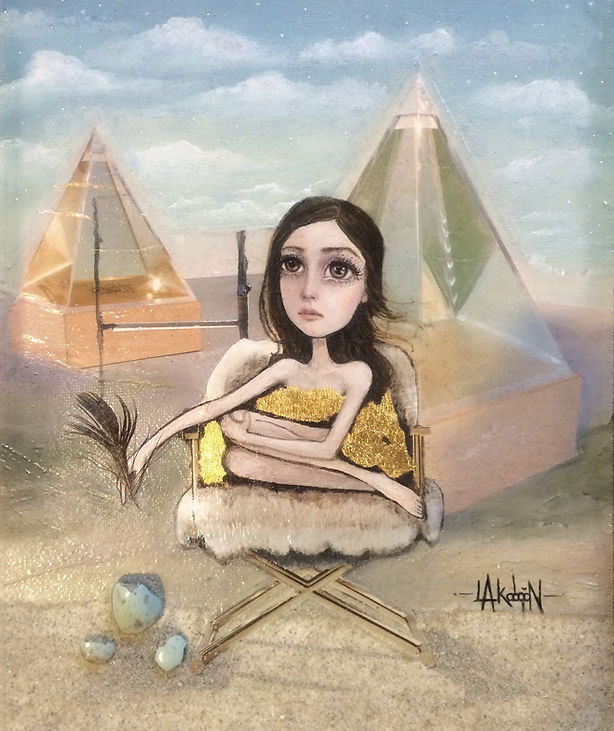 Oil paint mixed media girl dress gold leaf pyramids brown eyes surreal desert