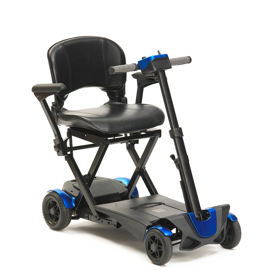 An Autofold mobility scooter with padded seat and four wheels, unfolded and ready to use