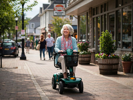 Smiling elderly woman riding a green mobility scooter down a pedestrian shopping street, surrounded by shops and people