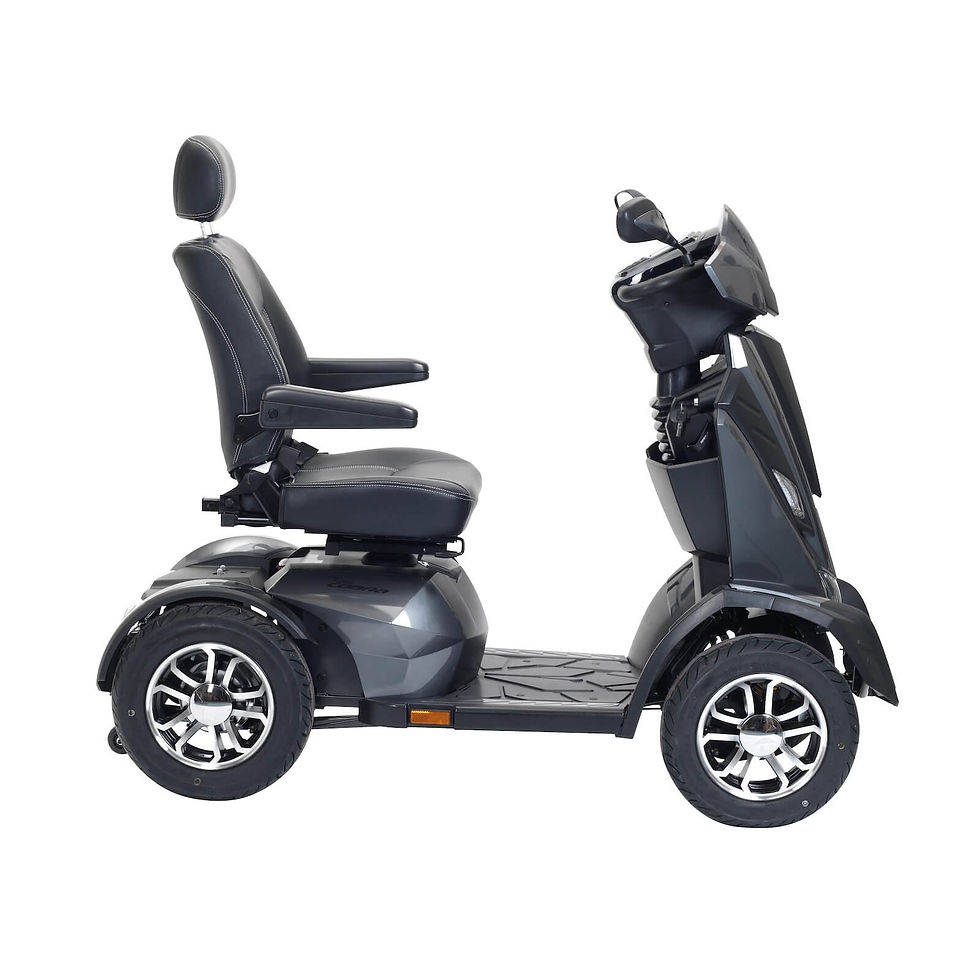 Four-wheeled mobility scooter, ideal for outdoor use.