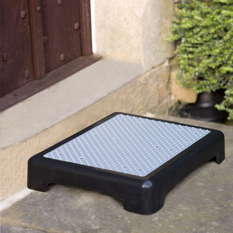 Black plastic step stool, outdoor use