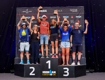 Coach Lucy Hurn on the podium at Ironman Leeds